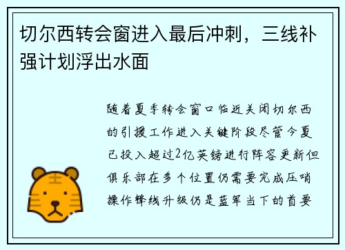 切尔西转会窗进入最后冲刺，三线补强计划浮出水面
