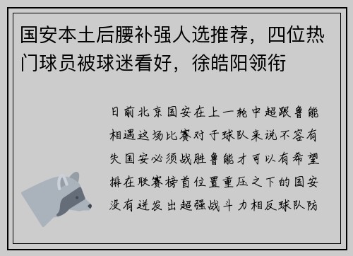 国安本土后腰补强人选推荐，四位热门球员被球迷看好，徐皓阳领衔